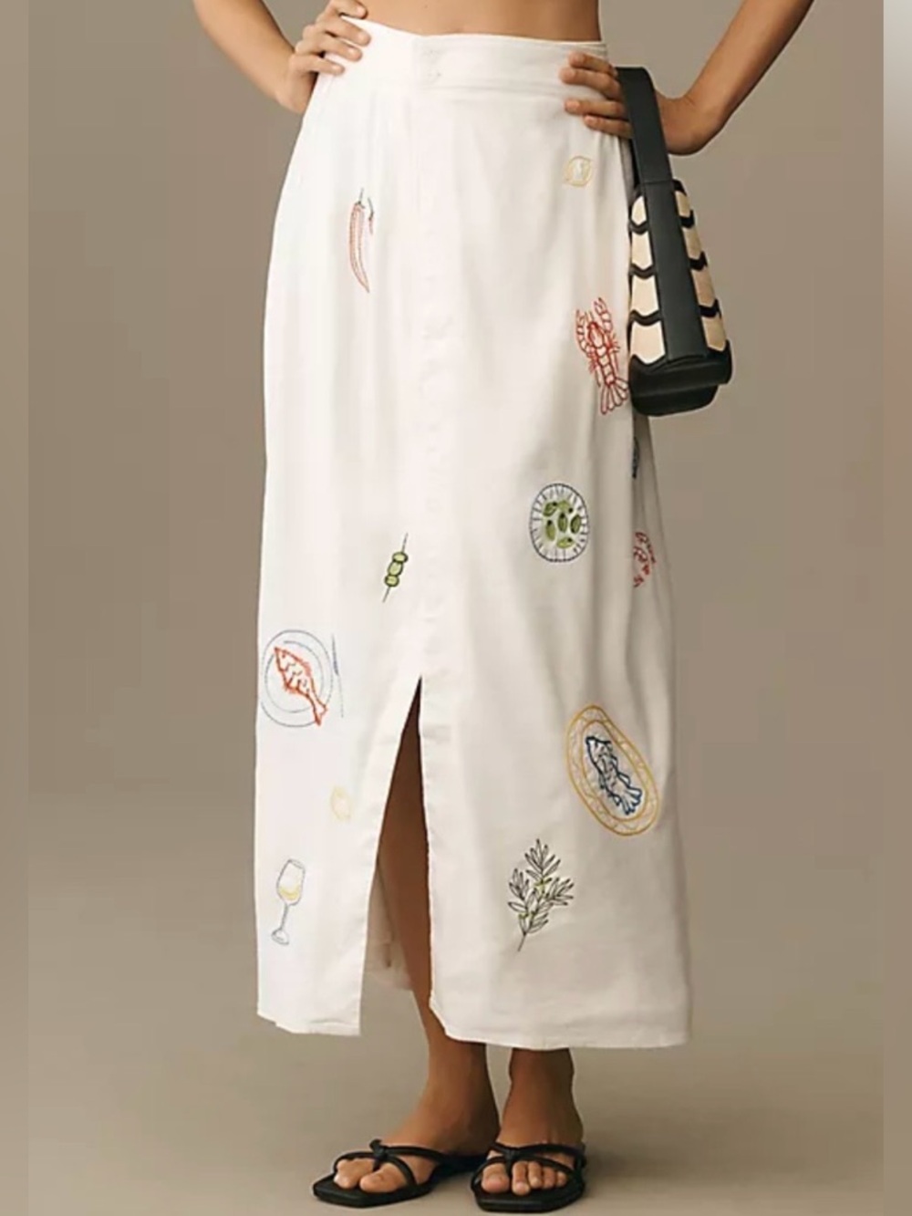 Maeve Anthropologie Embroidered Midi Skirt Cover-Up White Linen Blend US 2